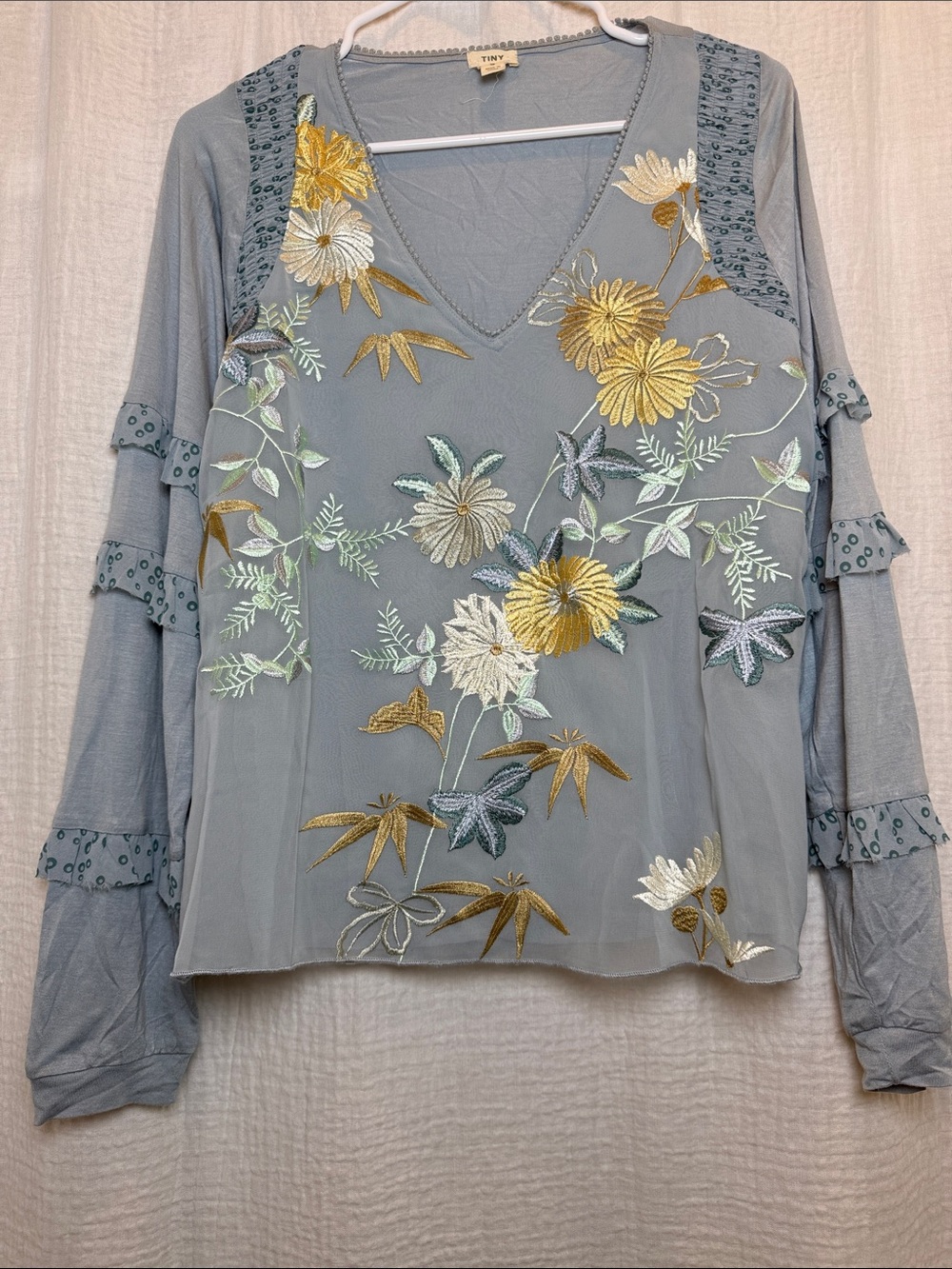 Anthropologie Dusty Blue Floral Embroidered V-Neck Blouse